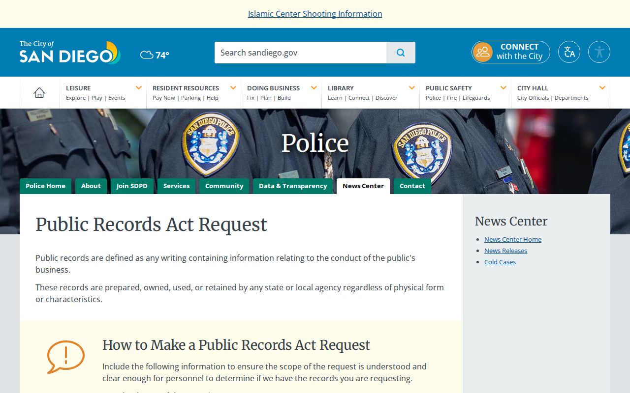 San Diego criminal history SDPD public records request portal