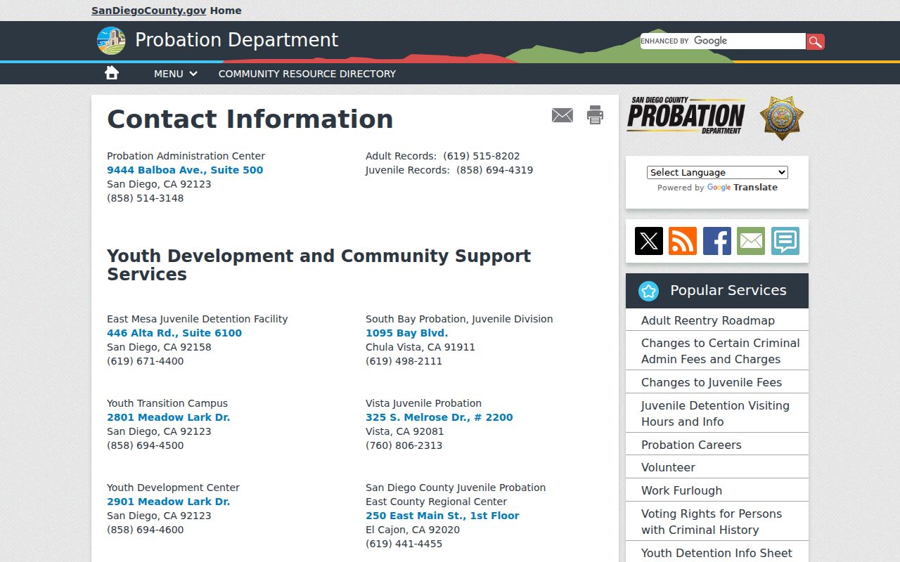 Chula Vista criminal records county probation contacts