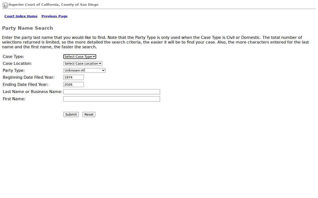 San Diego County criminal court case party name search