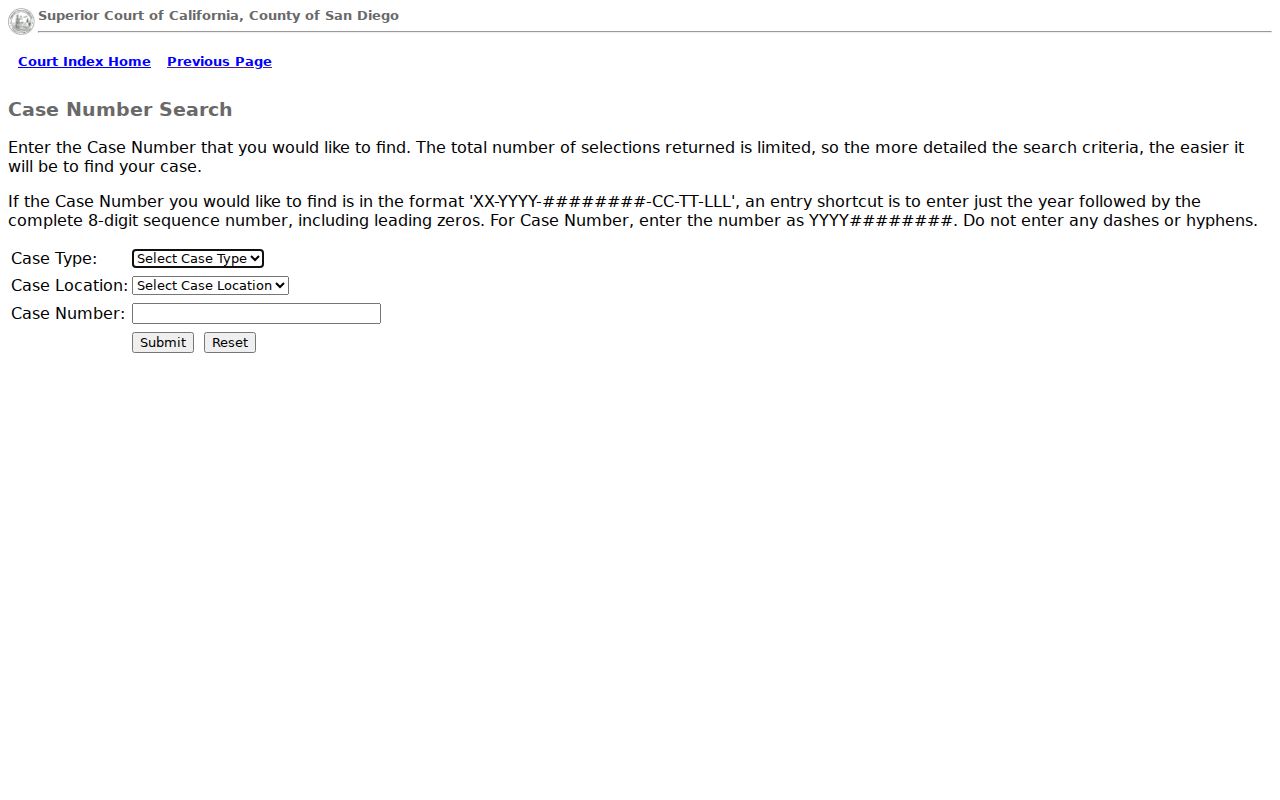 San Diego County criminal court case number search
