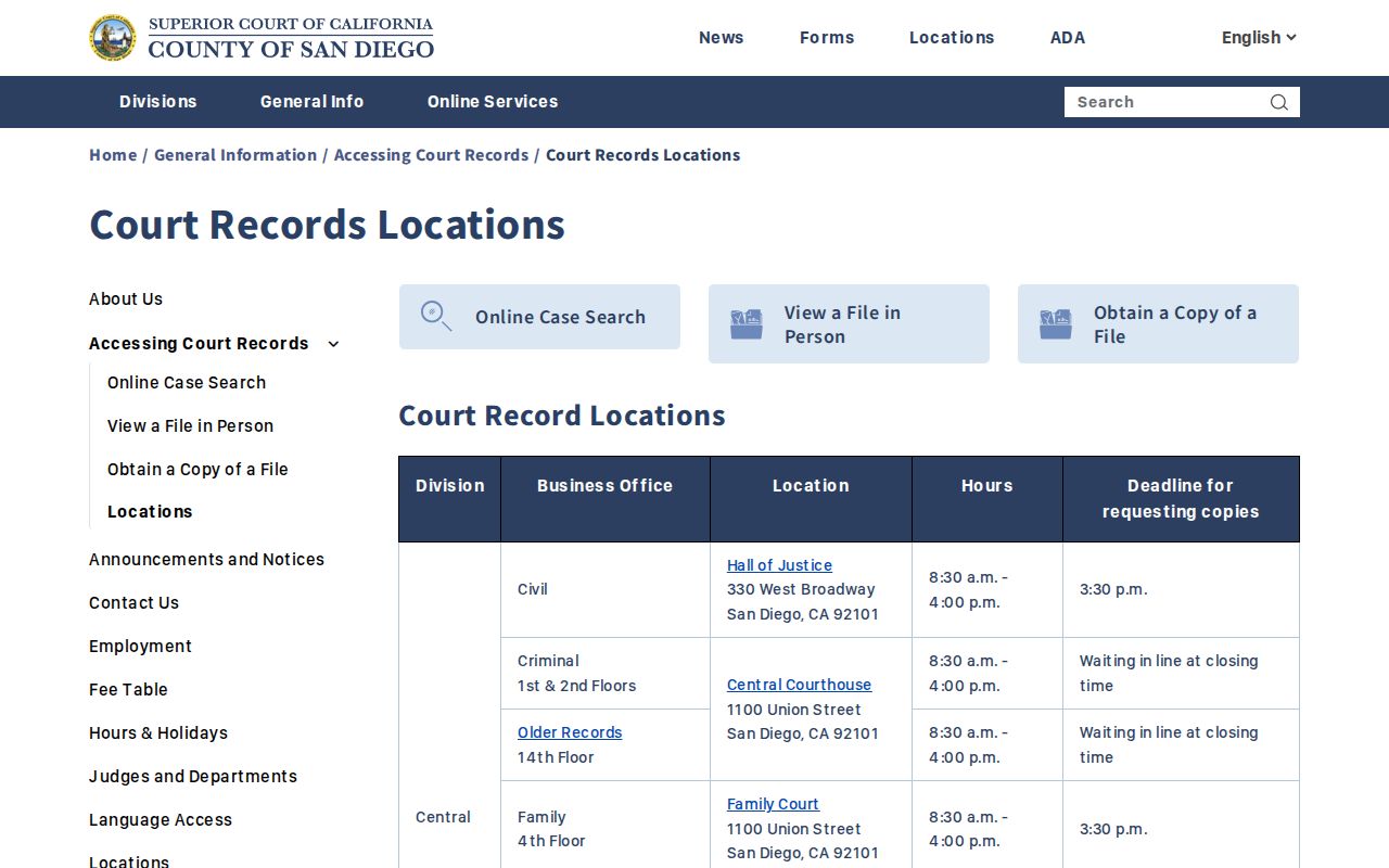 San Diego County criminal court case record locations