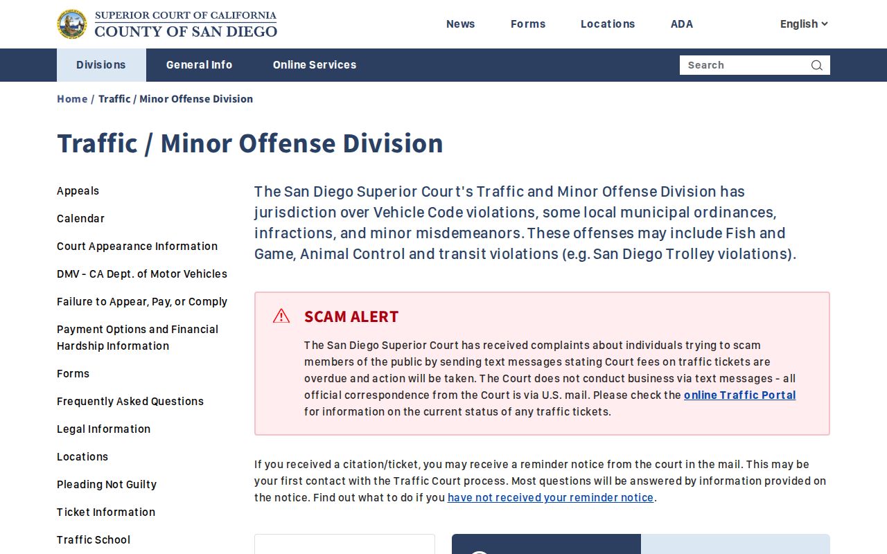 San Diego County criminal court traffic and minor offense records