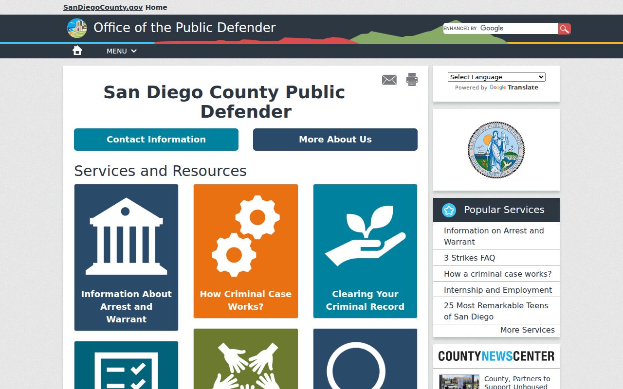 San Diego County criminal court case Public Defender contacts