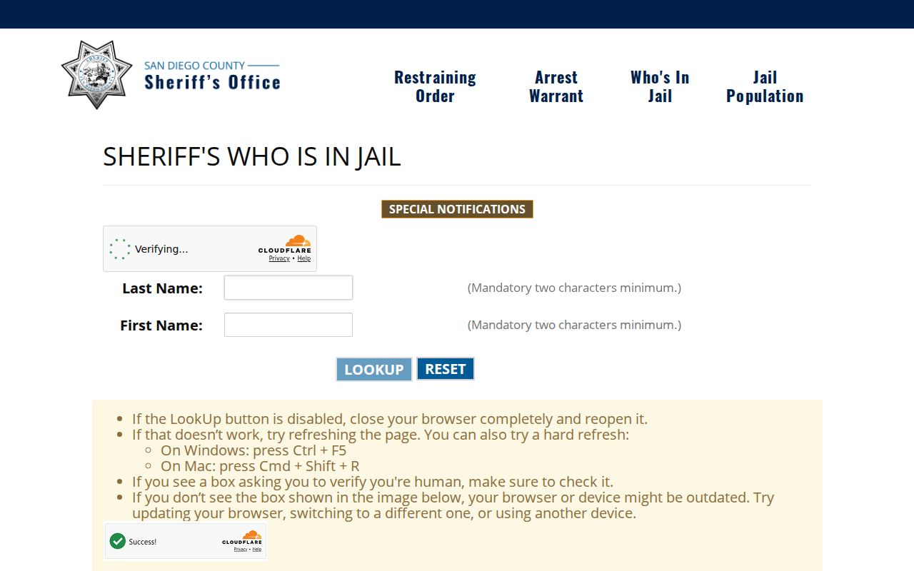 San Diego County criminal history Who's In Jail search