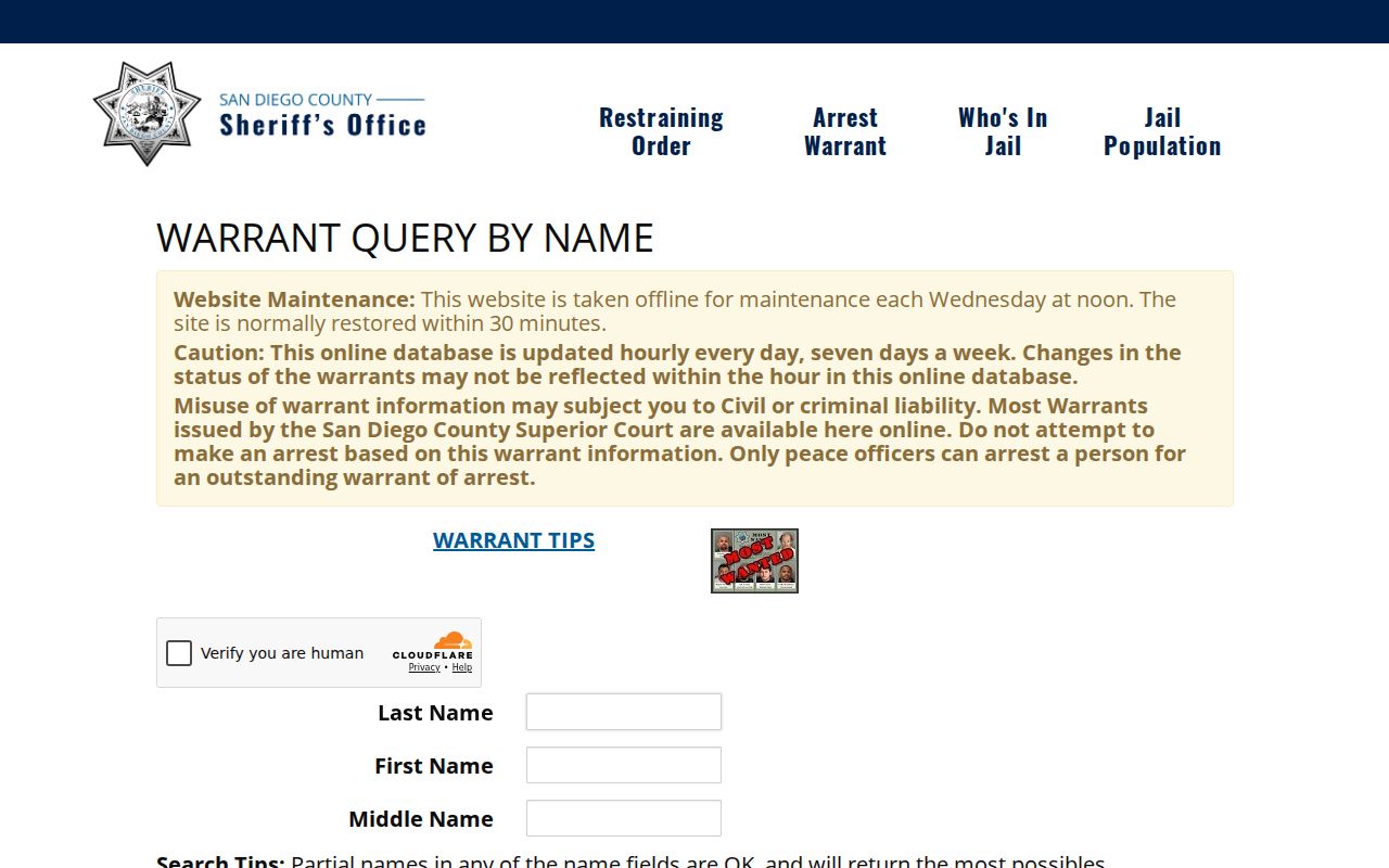 San Diego County criminal warrant search
